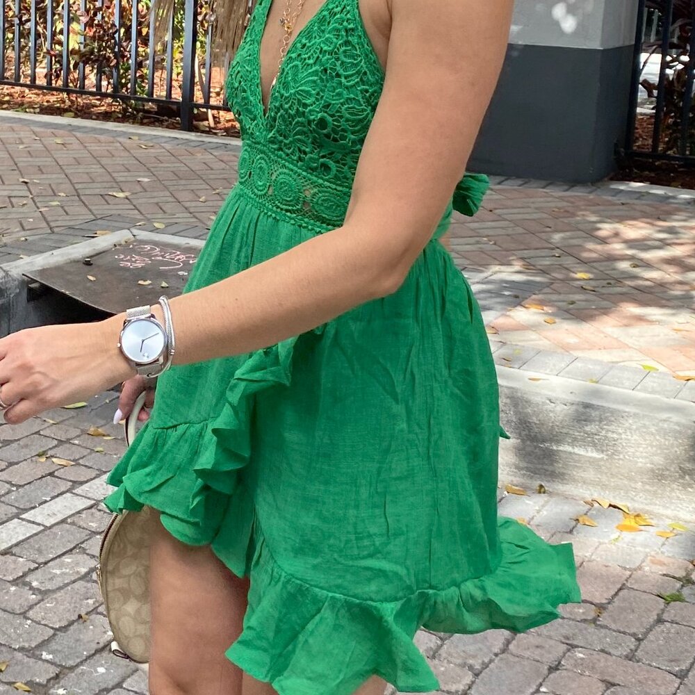 Green Lace Bodice Backless Dress | Criss Cross Back